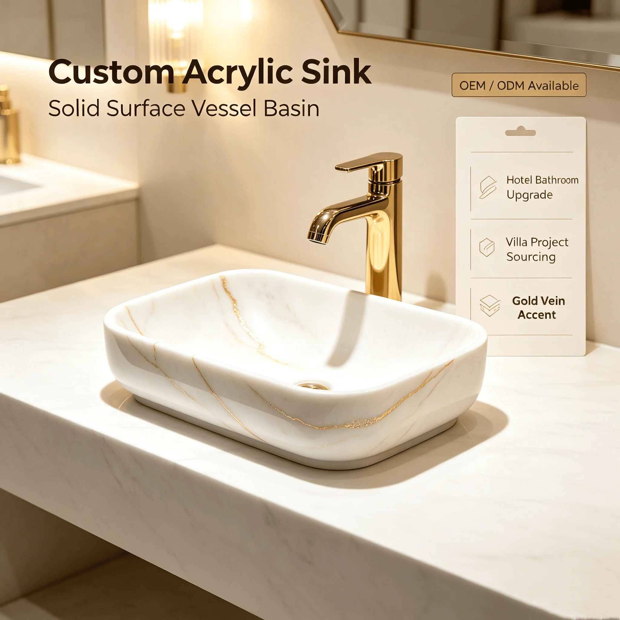 Luxury Modern Calacatta Gold Acrylic Solid Surface Vessel Sink Bathroom Wash Basin Custom OEM ODM Factory Direct