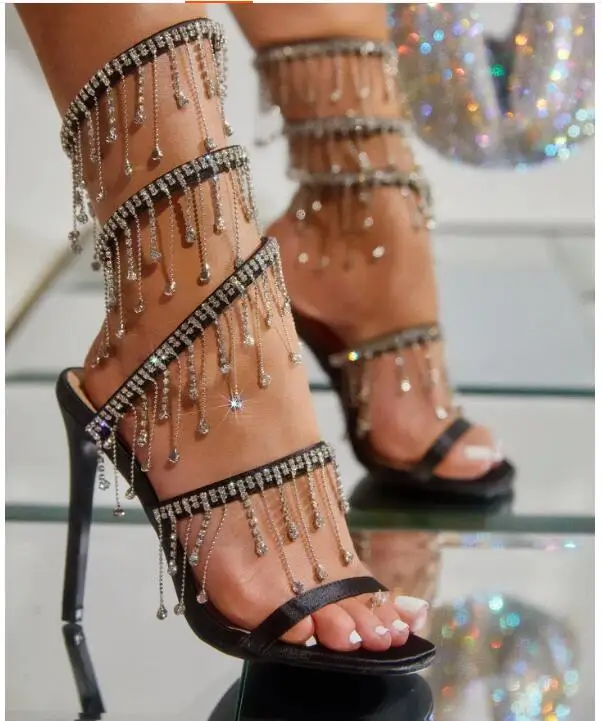 

Summer Sandals, Sexy High Heels, Crystal Snake Shaped Design, Ankle Cross Straps