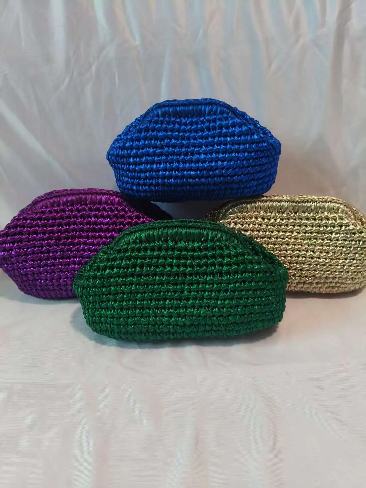 حقيبة بمشبك كروشيه من القماش المعدني، حقيبة منسوجة يدويًا تحت الإبط، حقيبة فضية لامعة متوسطة الحجم #1