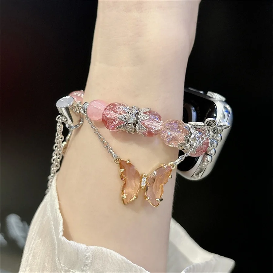 New Women\'s Personalized Creative Crystal Stone Fantasy Butterfly Glass Ornament Watch Strap Compatible with Apple Watch 49mm 45