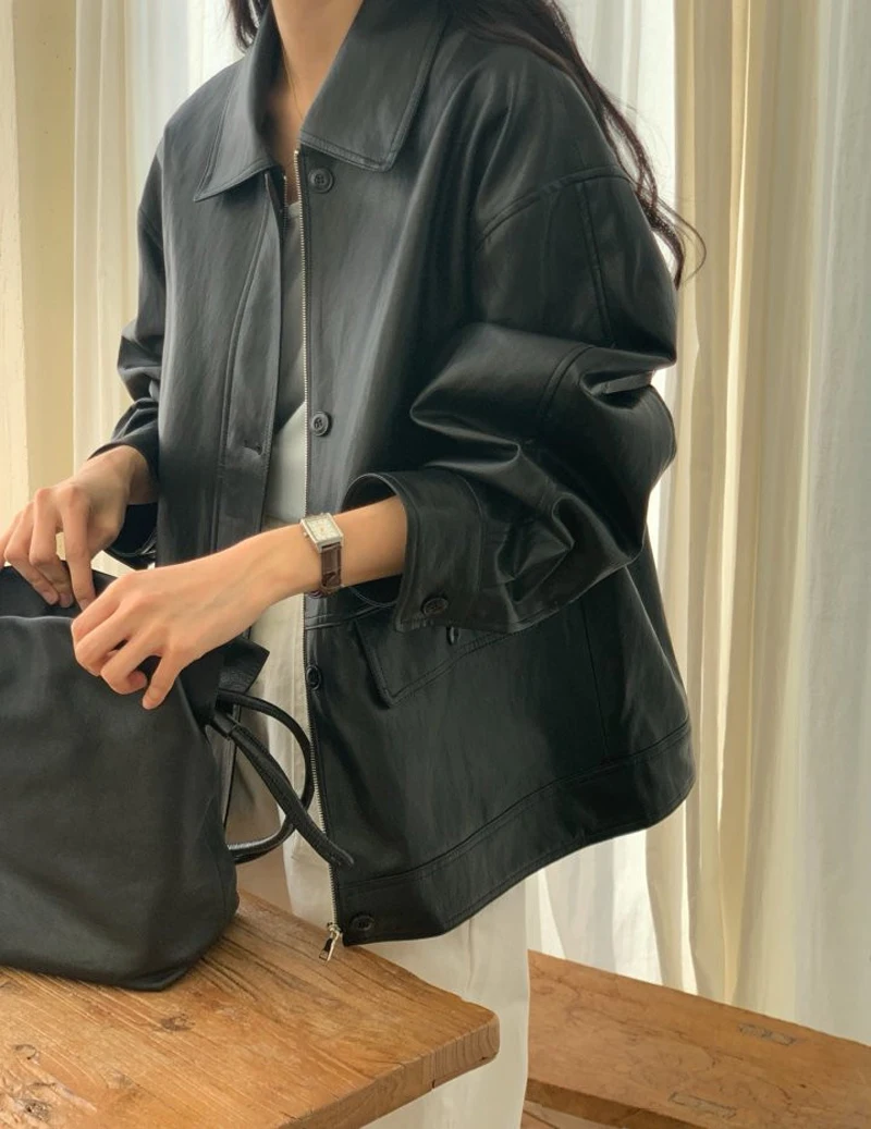 Jaet de cuero informal con cremallera, cuello levantado, largo, corte holgado, para mujeres jóvenes, temporada de otoño, ropa de abrigo Faion