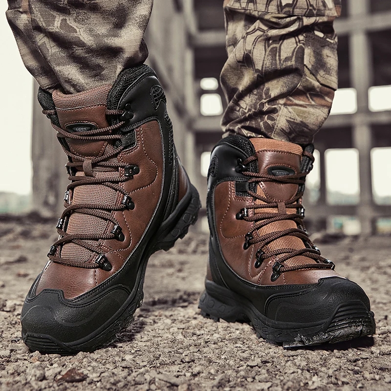 Men Tactical Leather Boots Army Boots Mens Military Desert Waterproof Work Safety Shoes Climbing Hiking Ankle Men Outdoor Boots