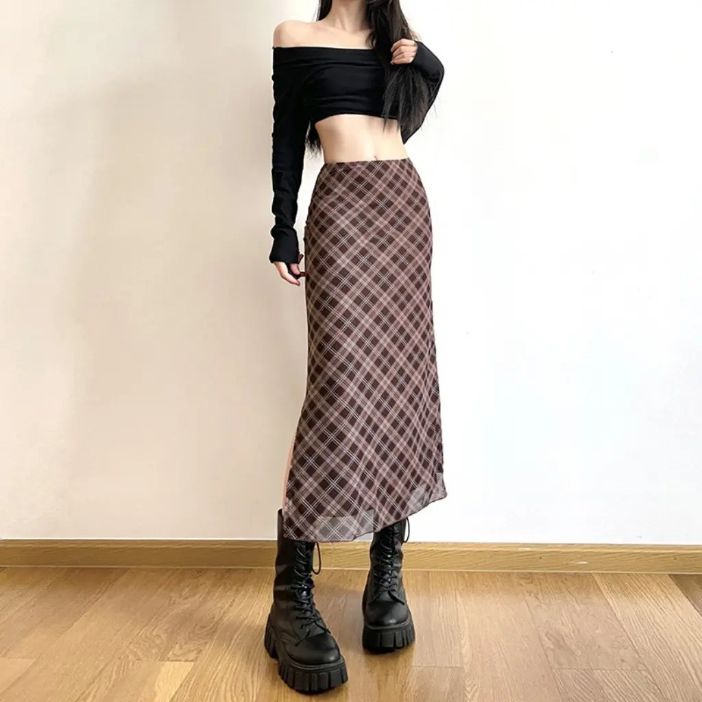 

Women's Preppy Style Retro Plaid Print High Waist Slim Fit Skirt with Slit Autumn Fashion Versatile Design