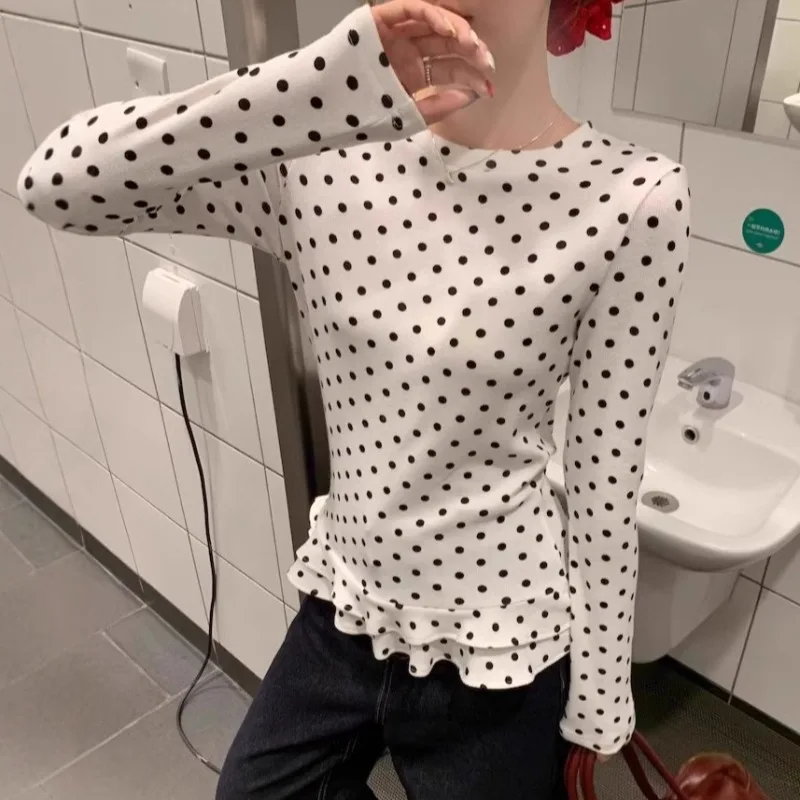 Spring Autumn Women Korean Chic Sweet O‑Neck Polka‑Dot Print Long‑Sleeve T‑Shirt Slim‑Fit Ruffle‑Edge Casual Fashion Ladies Tops