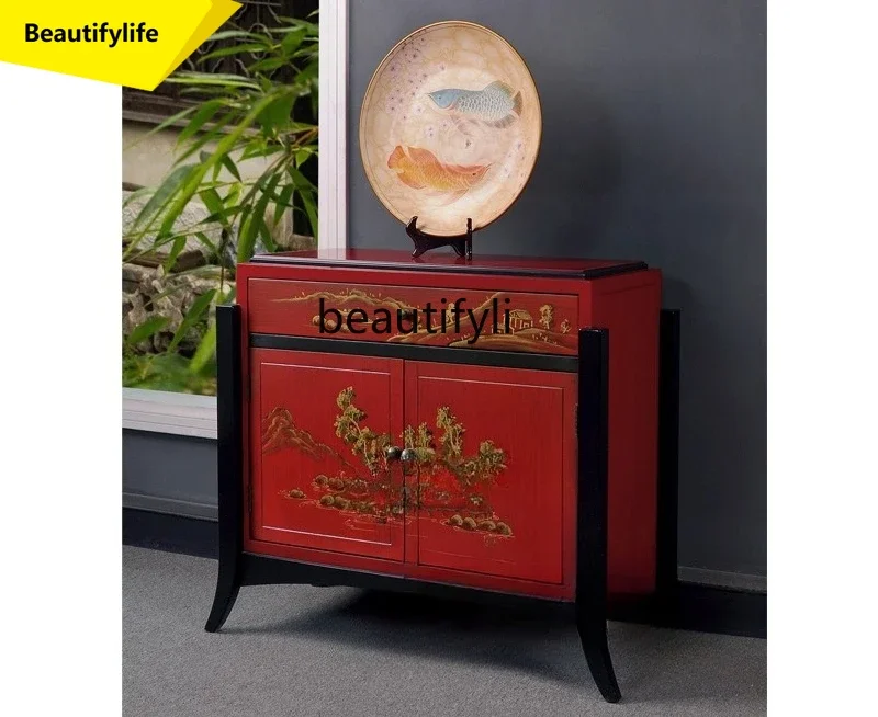 K185 Vintage Chinese Style National Style Chinese Red Painted Entrance Cabinet Hallway Table