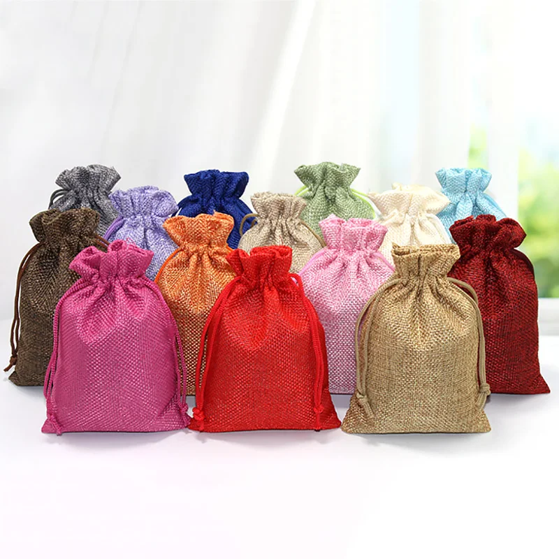 

50pcs/lot Gift Bag Wedding Vintage Style Handmade Natural Burlap Linen Jewelry Travel Storage Pouch Mini Candy Jute Packing Bag