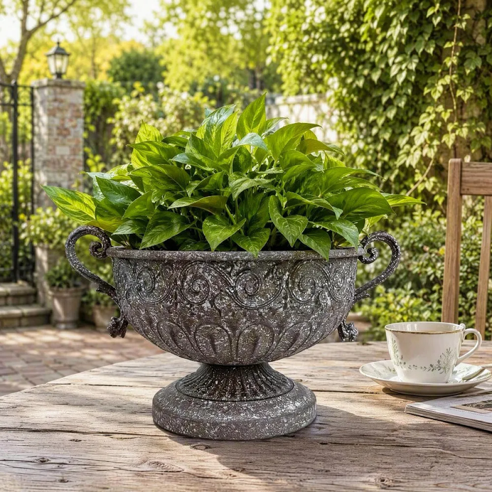 Rustic Grey Iron Plant Vase Farmhouse Style Metal Pot Distressed Dual Handle Container For Garden Home Decor