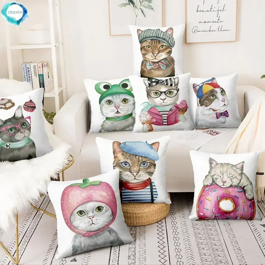 

45x45cm Hand-painted Cartoon Cat Print Pattern Pillowcase Home Living Room Sofa Bedroom Bed Decorative Pillowcase