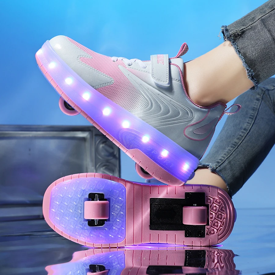Boys Girls Roller Shoes LED Light Up USB Charging Children Roller Skate Casual Skateboarding Shoes Sports Shoes Kids Sneakers