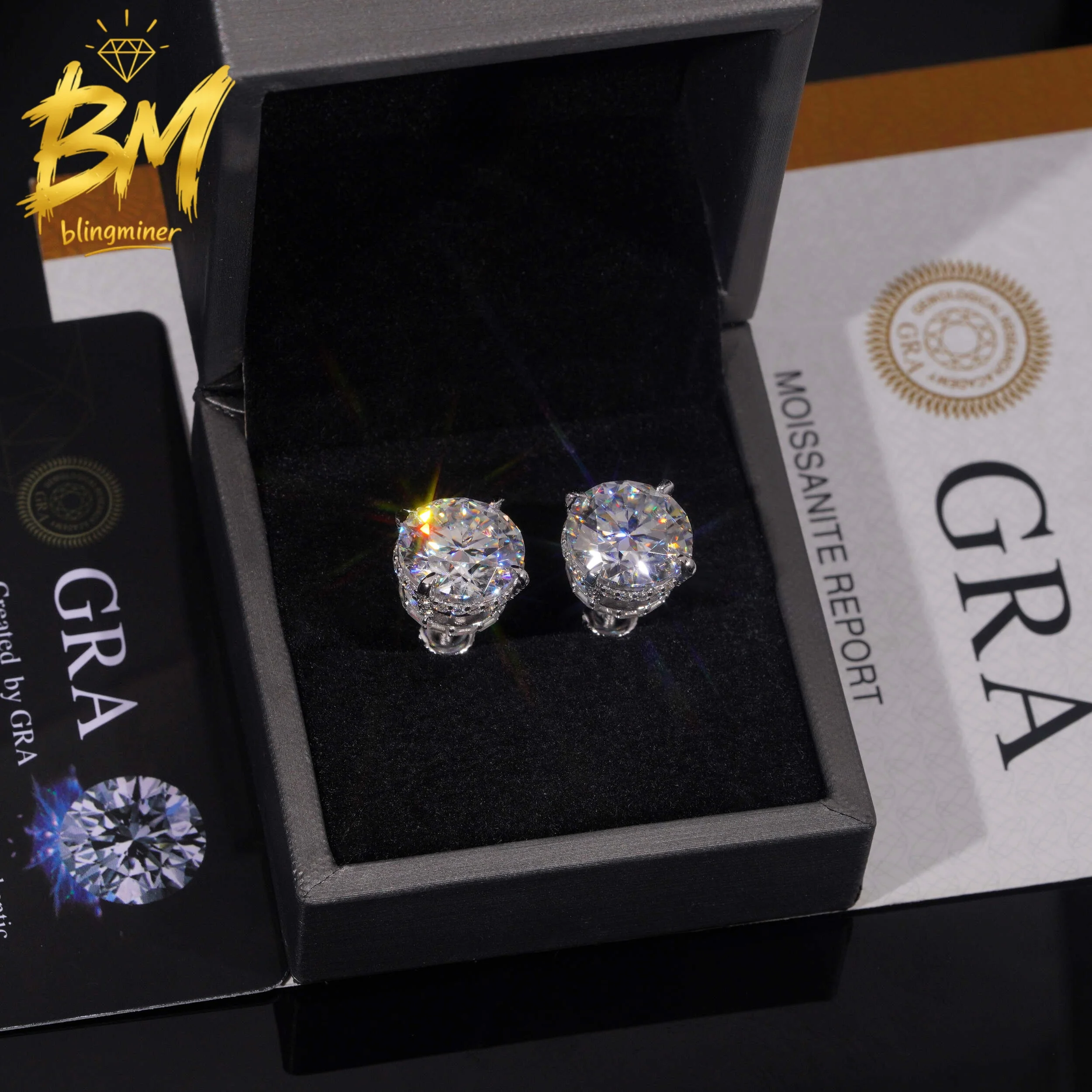 Blingminer 13mm Round VVS Moissanite Earrings For Men Women S925 Silver Ear Studs Jewelry Pass Diamonds Tester GRA Free Shipping