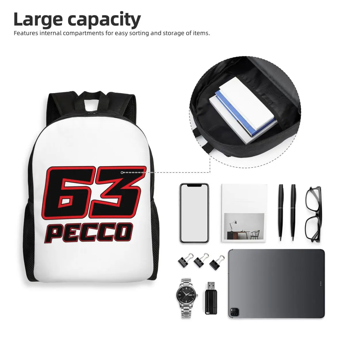 Pecco Bagnaia 63 バックパックホットセールデイパック大容量男の子女の子ブックバッグスクールバッグショルダーバッグ男性女性