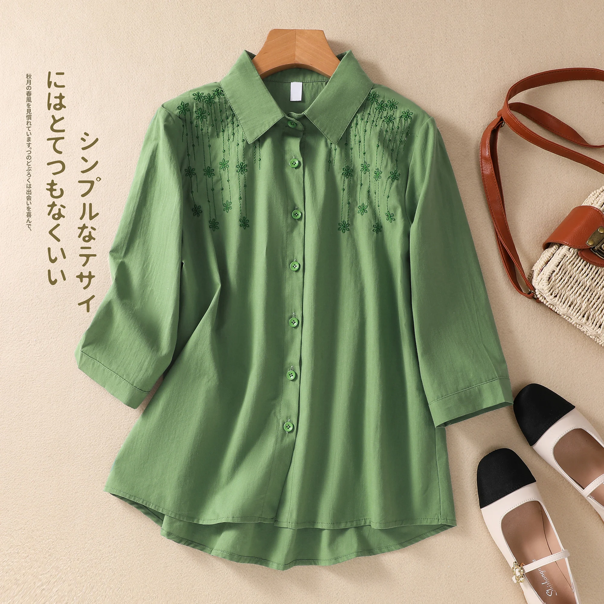 

Elegant Embroidered Loose Cotton Linen Shirt Women's Artistic Retro Casual Three Quarter Sleeve Top Summer New Style