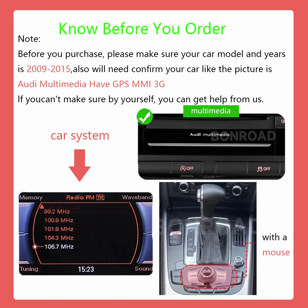 BONROAD Wireless CarPlay Android Auto Interface Adapter لأودي A4 B8 A5 Q5 2009-2015 مع AirPlay Mirror Link Bluetooth
