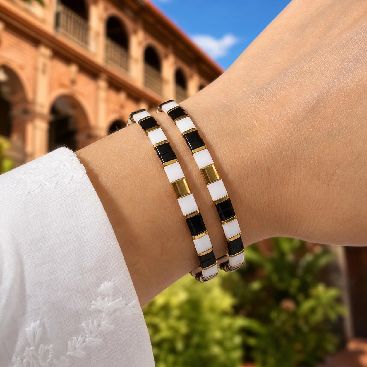 2pcs Glass Beaded Bracelet with Black White and Gold Color Geometric Square Tiles Minimalist Stretch Bracelet for Women