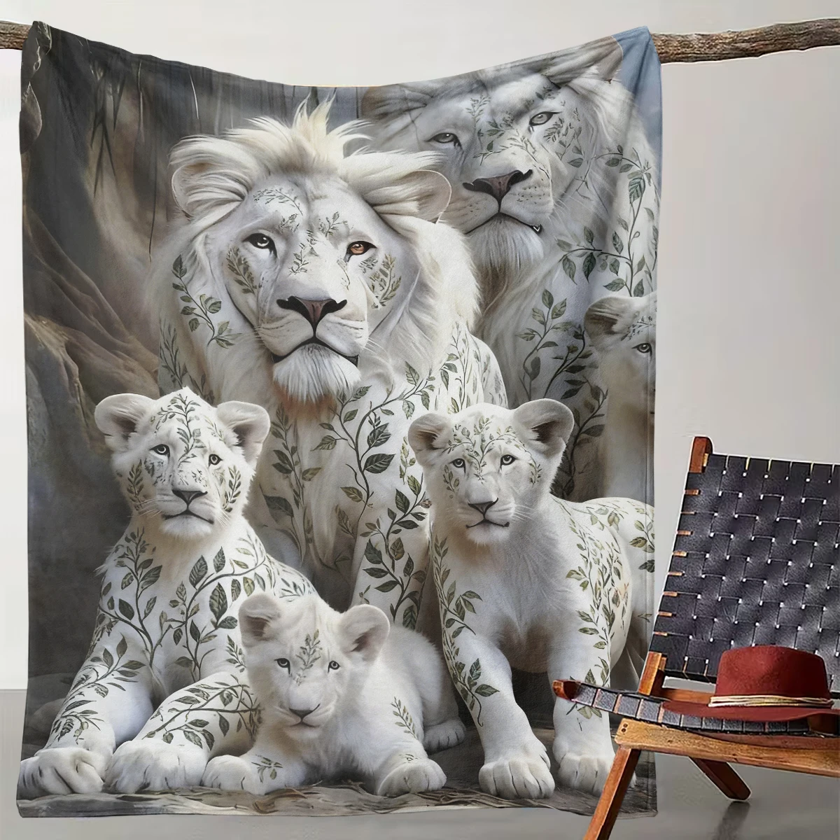 

1 Natural Leaf Pattern White Lion Family Blanket Wild Animal Totem Flannel Throw Blanket