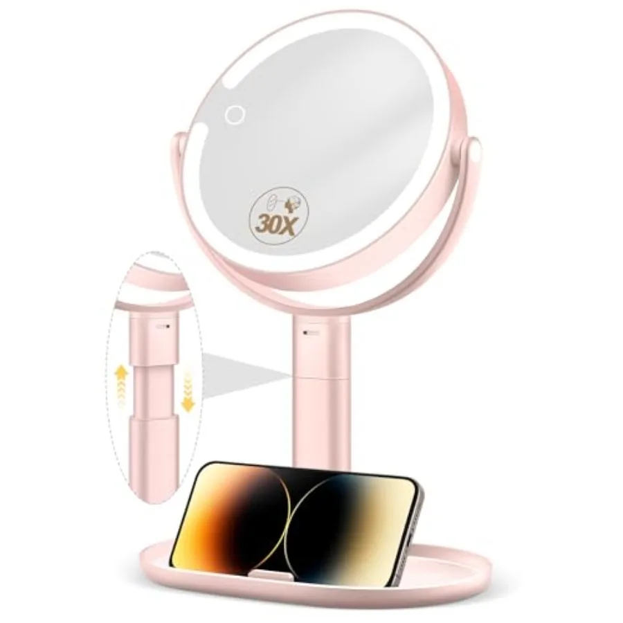 

Makeup Mirror with Lights, 30X Magnifying and Height Adjustable, Lighted Magnifying Mirror with 3 Light Modes and Stepl Dimming