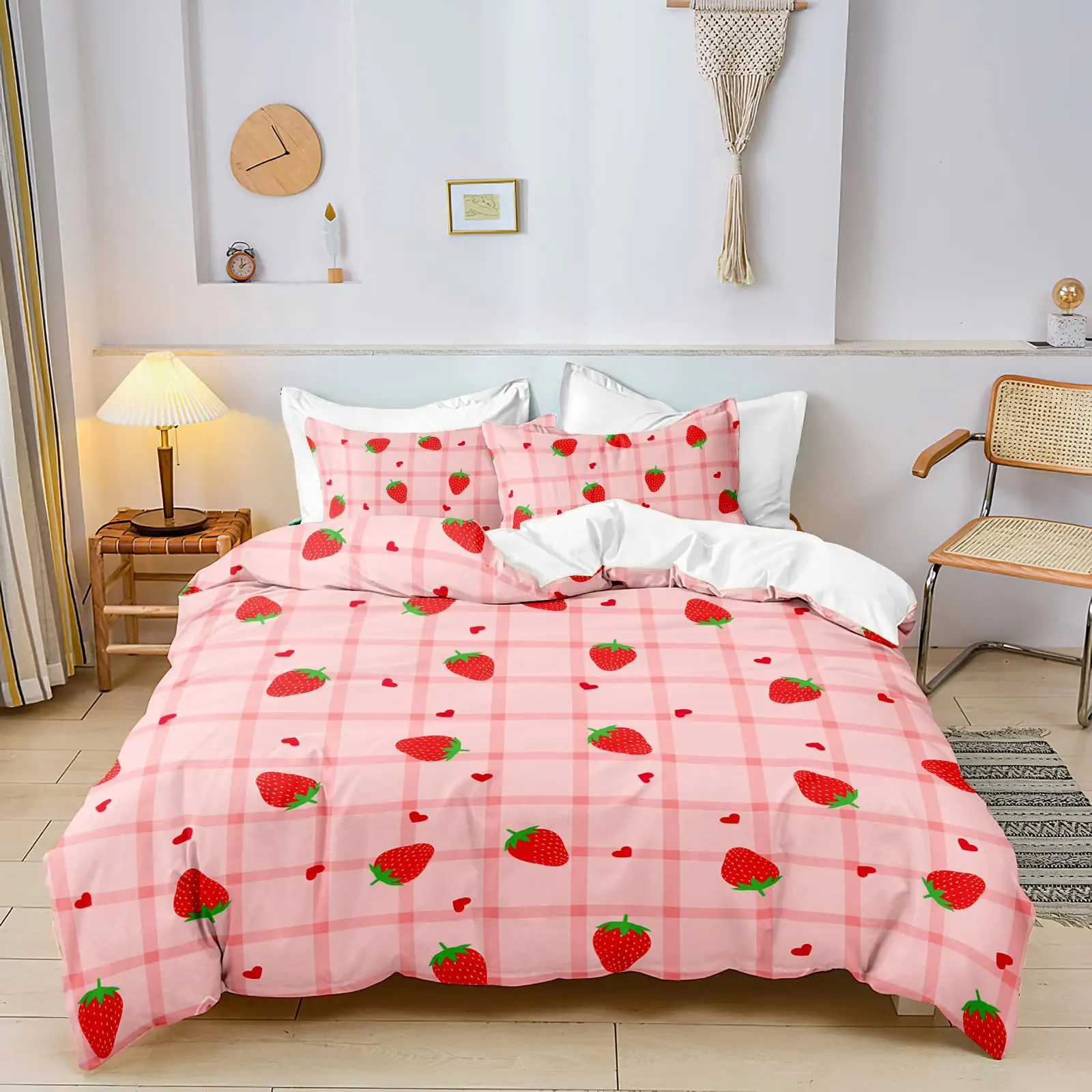 

Sweet Strawberry Bedding Set Duvet Cover for Kids Children Teens Comforter Cover Bed Room Decor Pink Quilt Cover 3Pcs Full Size