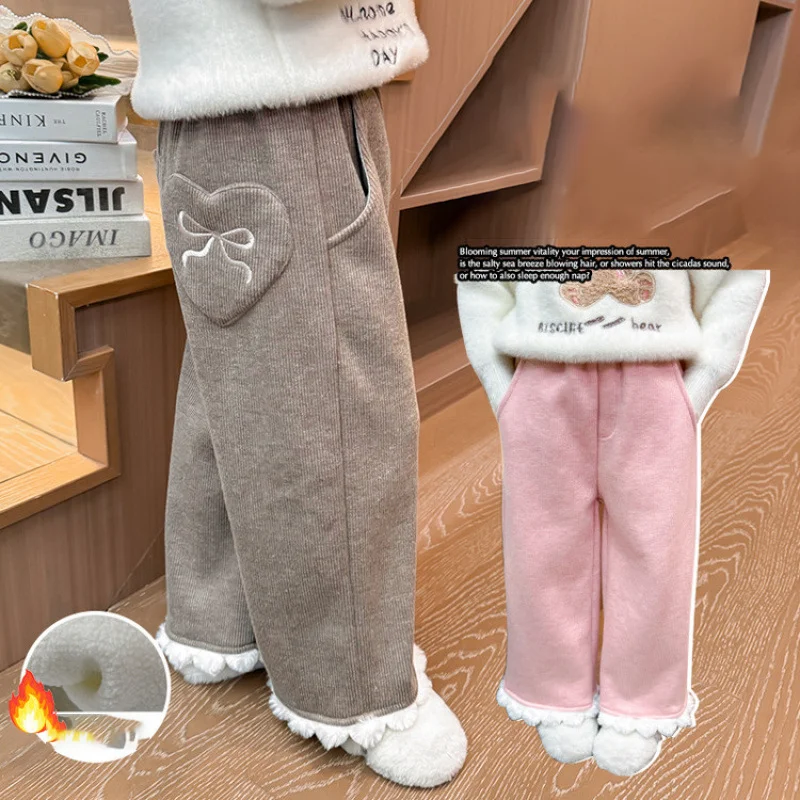 

Hot Girl Thicken Pants Autumn Wide-Leg Straight-Leg Pants Child Versatile Keep Warm Kawaii Fashion New Casual Clothing Homewear