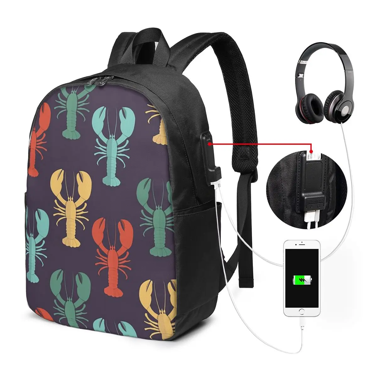 Colored Lobster Pattern Backpack Travel Notebook Bag Computer College Student School Bag Laptop Shoulder Bags for Men Women