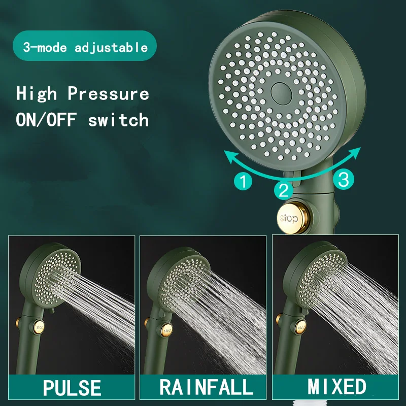 High Pressure Bathroom Shower Head 3-Mode Adjustable Showerhead Water Saving Rain Black&Green Showers for Bathroom Accessories