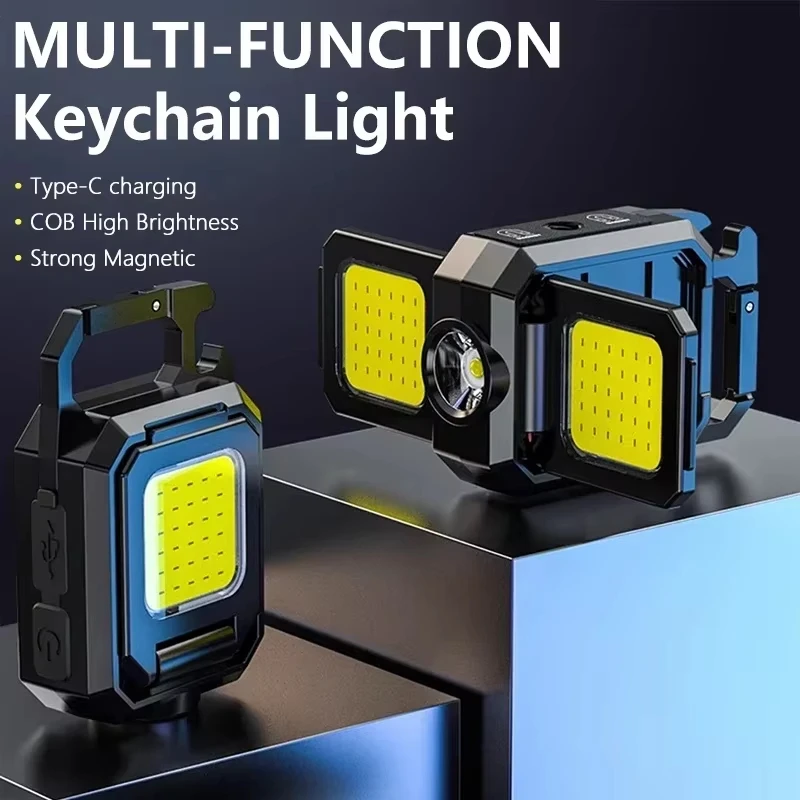 Mini Flashlight Keychain Light COB Work Light USB Rechargeable Lamp with 90° Foldable Side Lights Super Bright Portable Lanterns