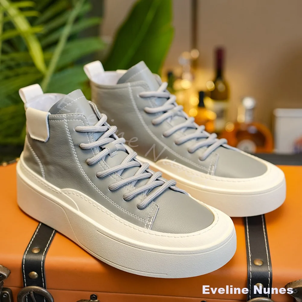 Men Lightweight High-Top Shoes with Height-Increasing Thick Soles Grain Leather Casual Platform Sneakers Simple Grey Men's Shoes