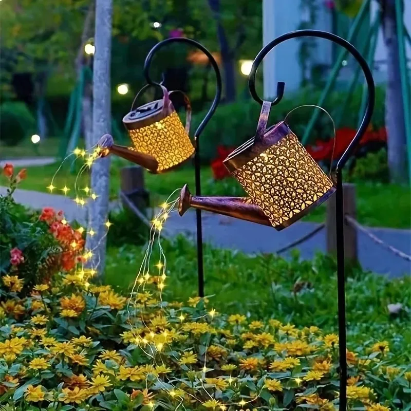 Retro Metal Lantern Solar Watering Can Light Outdoor Waterproof Shower Lights Hanging Star LED Fairy for Garden Decoration
