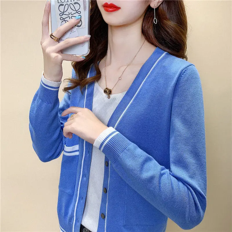 Knitted top cardigan women\'s fashion aesthetic purse sweater jacket 2024 spring Autumn mixed color sweater cardigan women