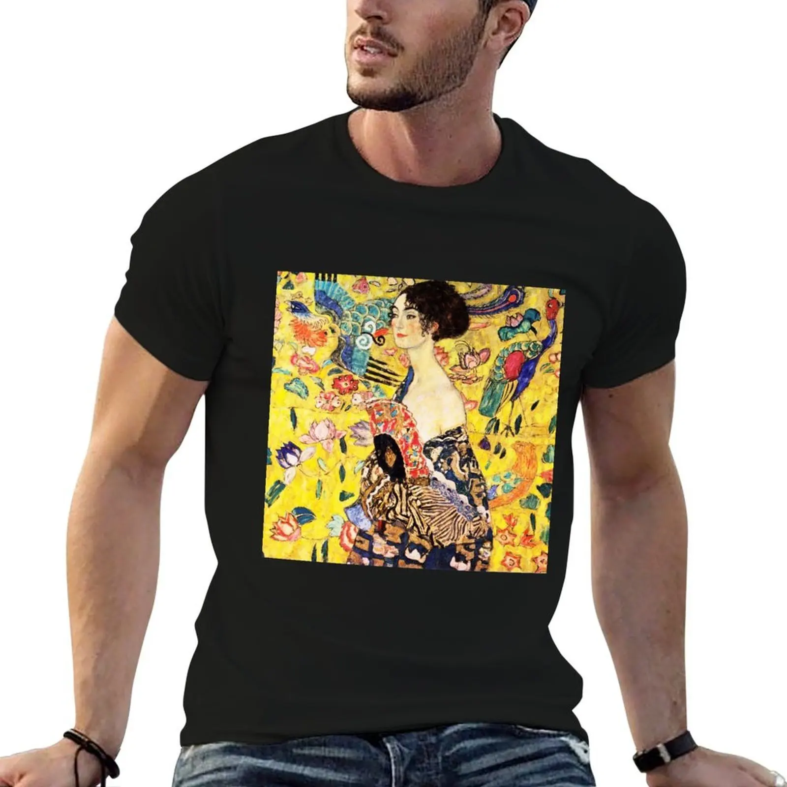 

HD. Lady with fan, by Gustav Klimt . HIGH DEFINITION T-Shirt cotton t shirts man 100% t shirts for man slim fit T-Shirt