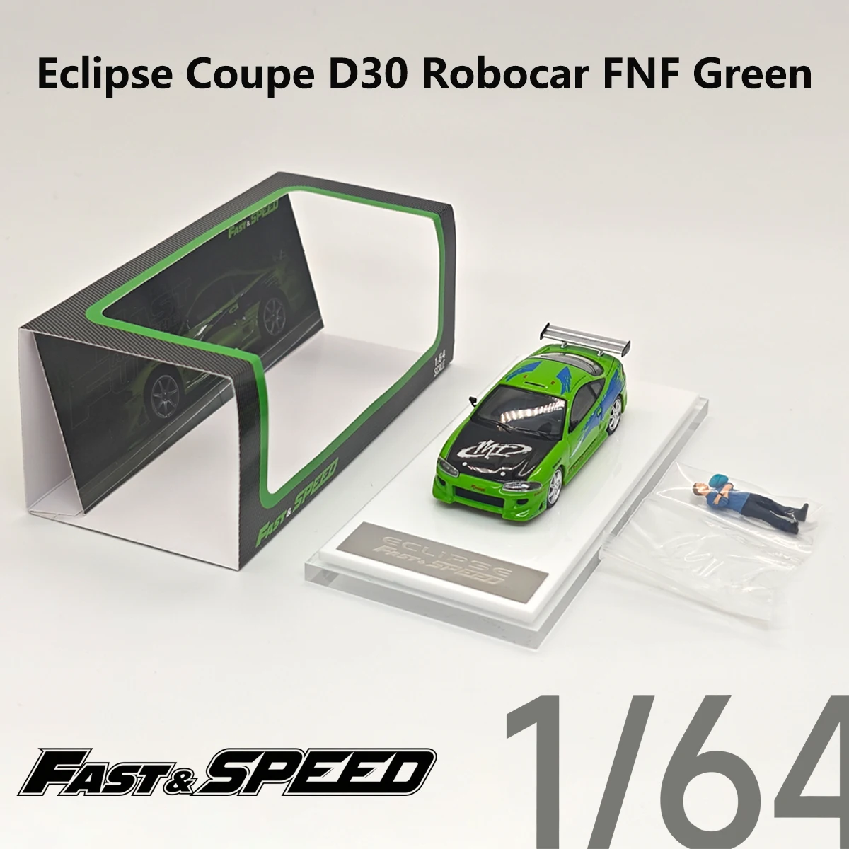 Fast & Speed 1:64 Mitsubishi Eclipse „Fast & Furious“ Brian's grünes Diecast-Modellauto mit Brian O'Conner Figur auf Lager