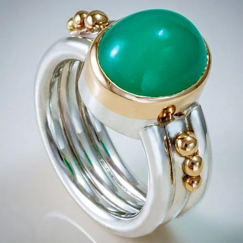 Elegant Inlaid Green Stone Women's Ring Trendy Two Color Hand Carving Daily Wear Party Jewelry Anniversary Gift