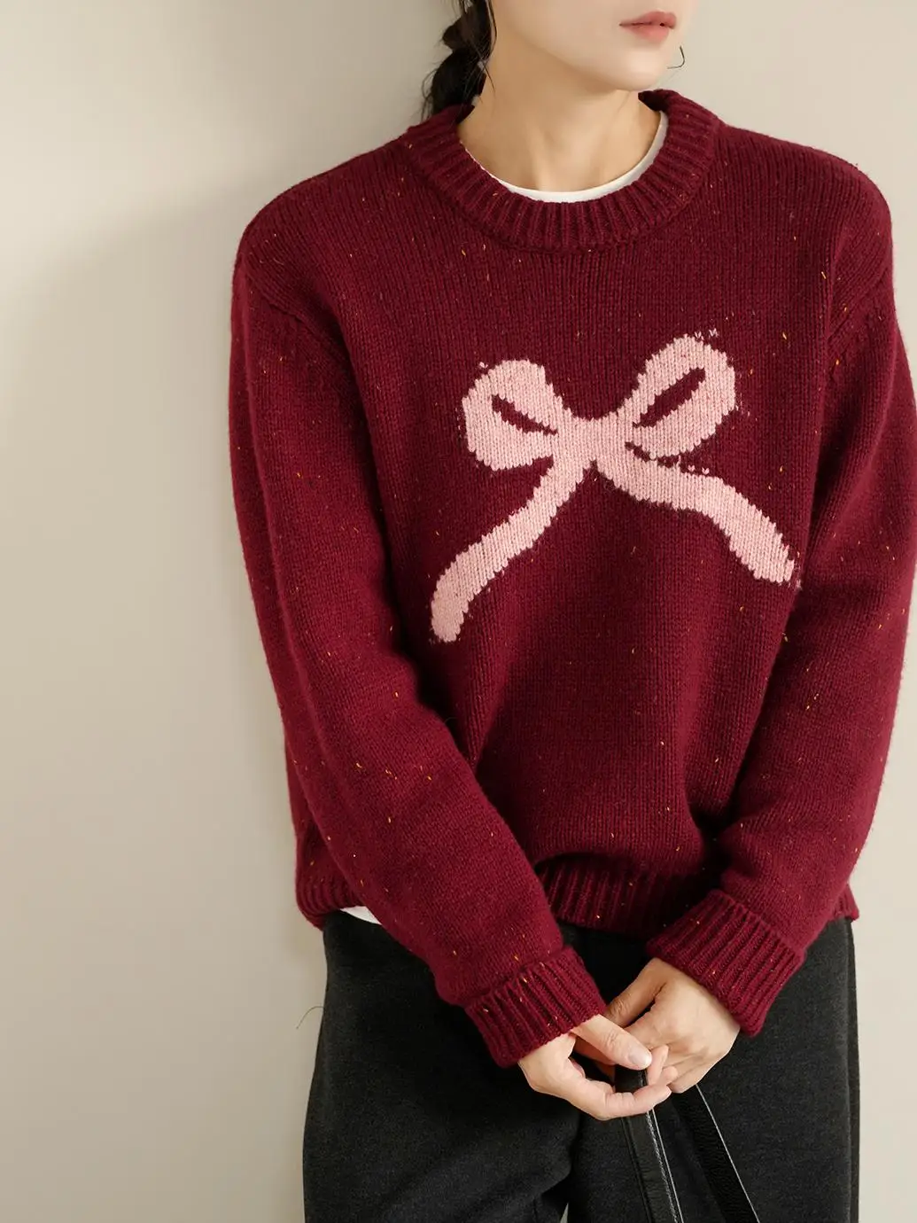 

Women's Full Wool Knitted Sweater round Ne Knot Top Winter Sle Sweet Sle Long Sve Regular Length China Made