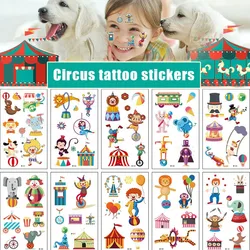 Pegatinas de tatuajes falsos para niños, tatuajes temporales de dibujos animados, tatuajes de brazo para niños, fiesta divertida de acrobacias de circo, paquete de 10