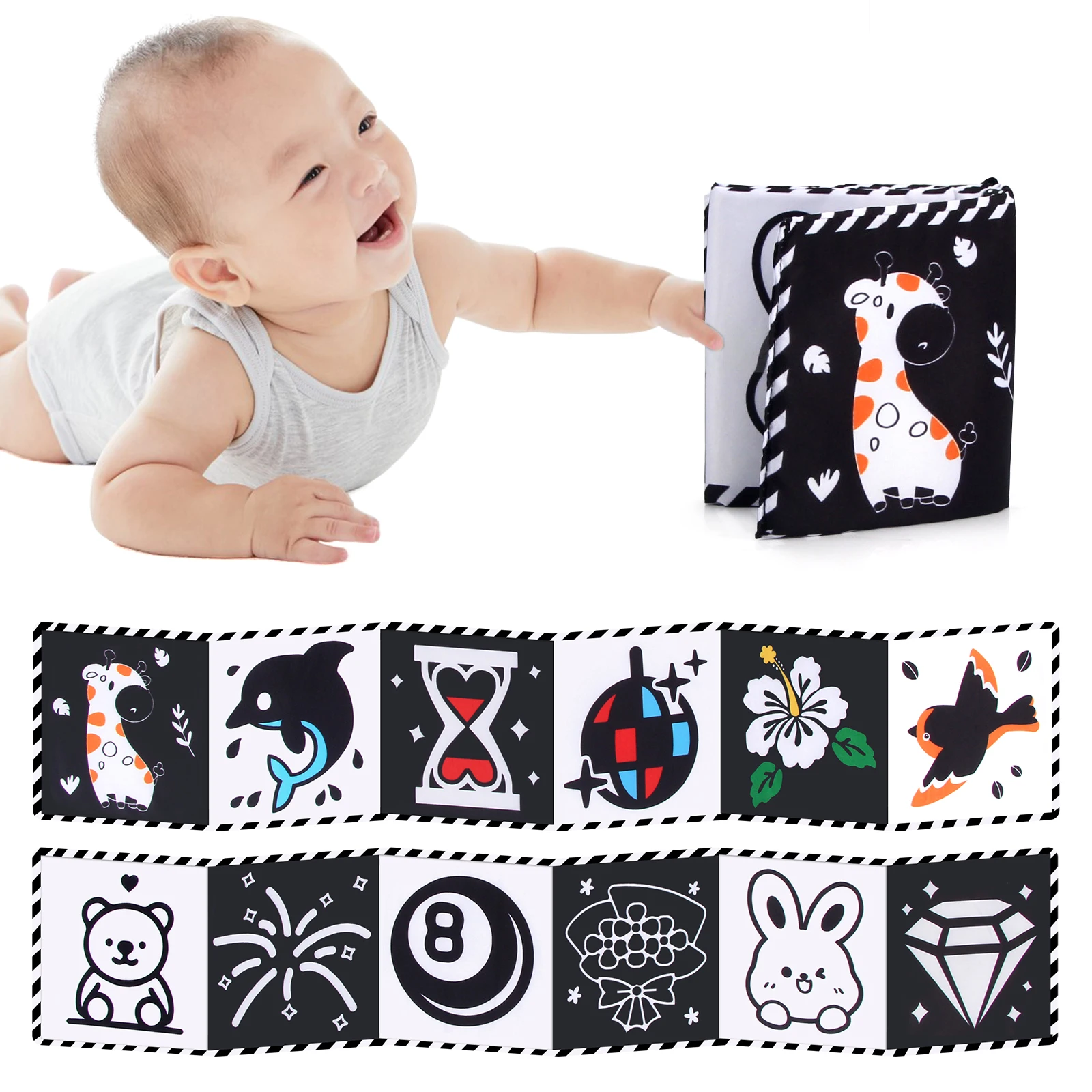 Baby Cloth Book High Contrast Baby Toys 0-36 Months Newborn Crib Toys Black and White Animal Sensory Cloth Books Montessori Toys