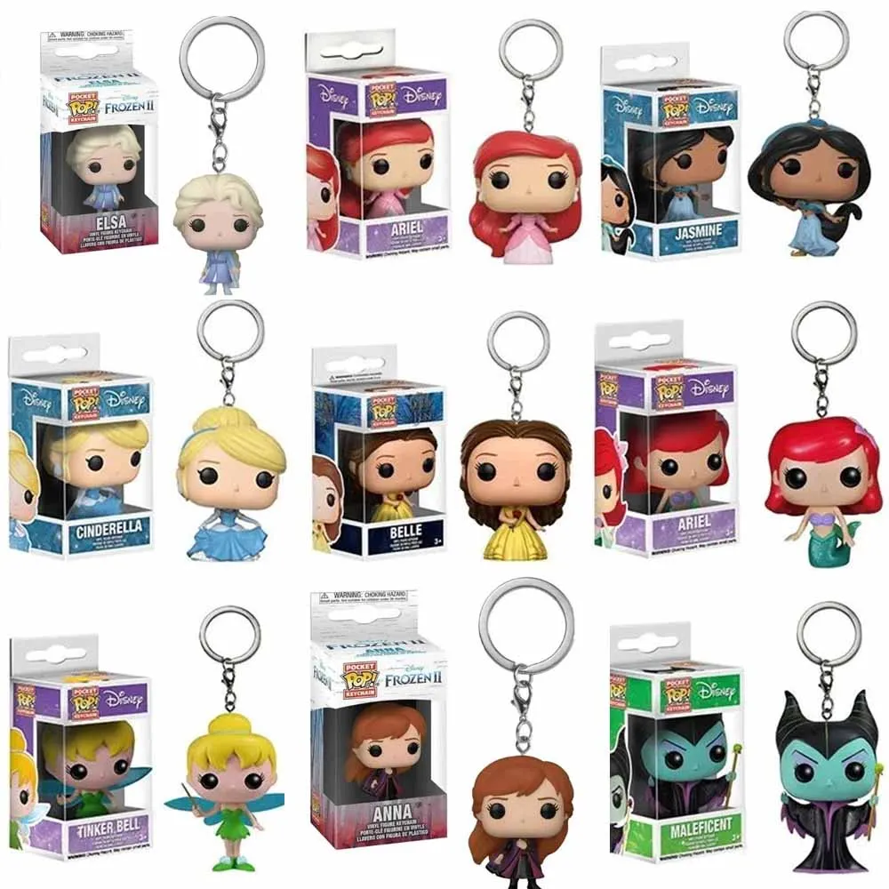 FUNKO Keychain Cartoon Princess Doll Belle Ariel Rapunzel Cinderella Jasmine Tiana PVC Action Figure Collection Model Toys Gift