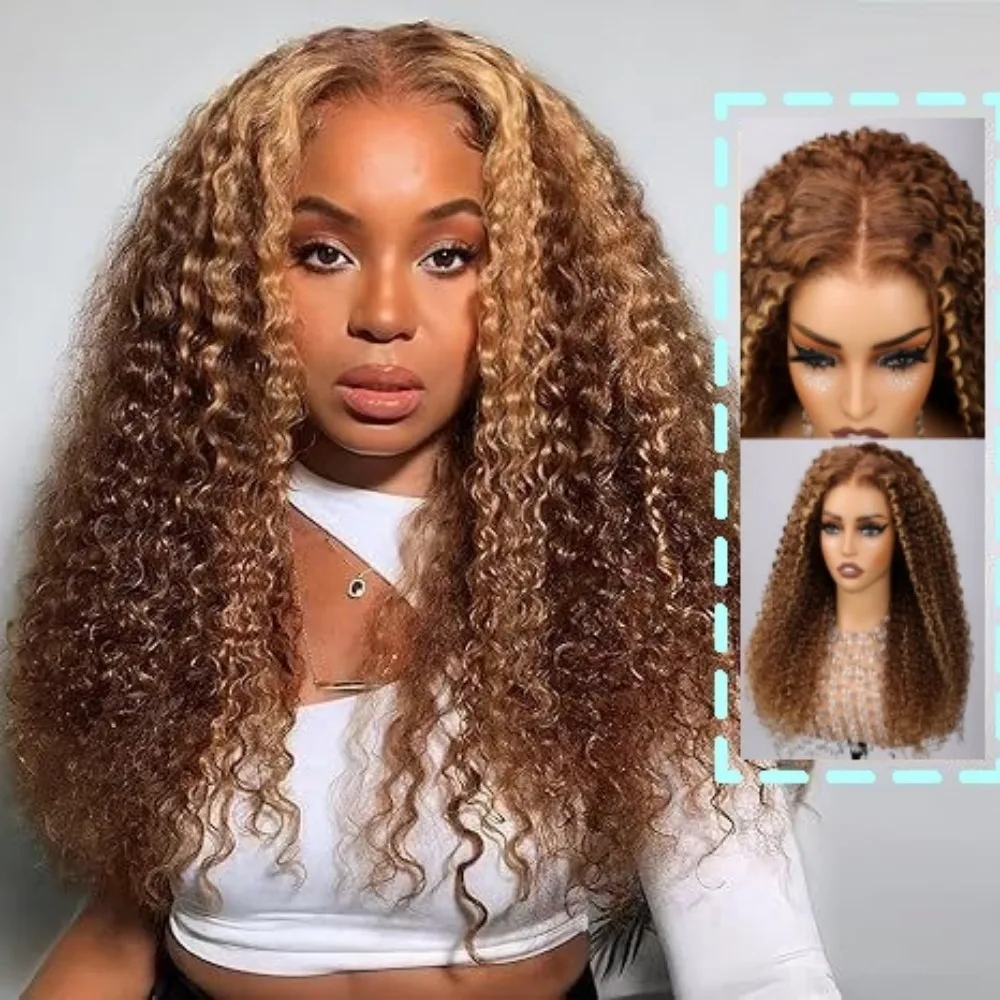 Highlight Ombre Deep Wave Lace Front Perücke aus Echthaar, 13x4, 200% Dichte, Honigblonde Perücke, HD Deep Wave Perücke, 4P27 gefärbt, Wet and Wavy Lockenperücke, vorgezupft, für Frauen, 26 Zoll