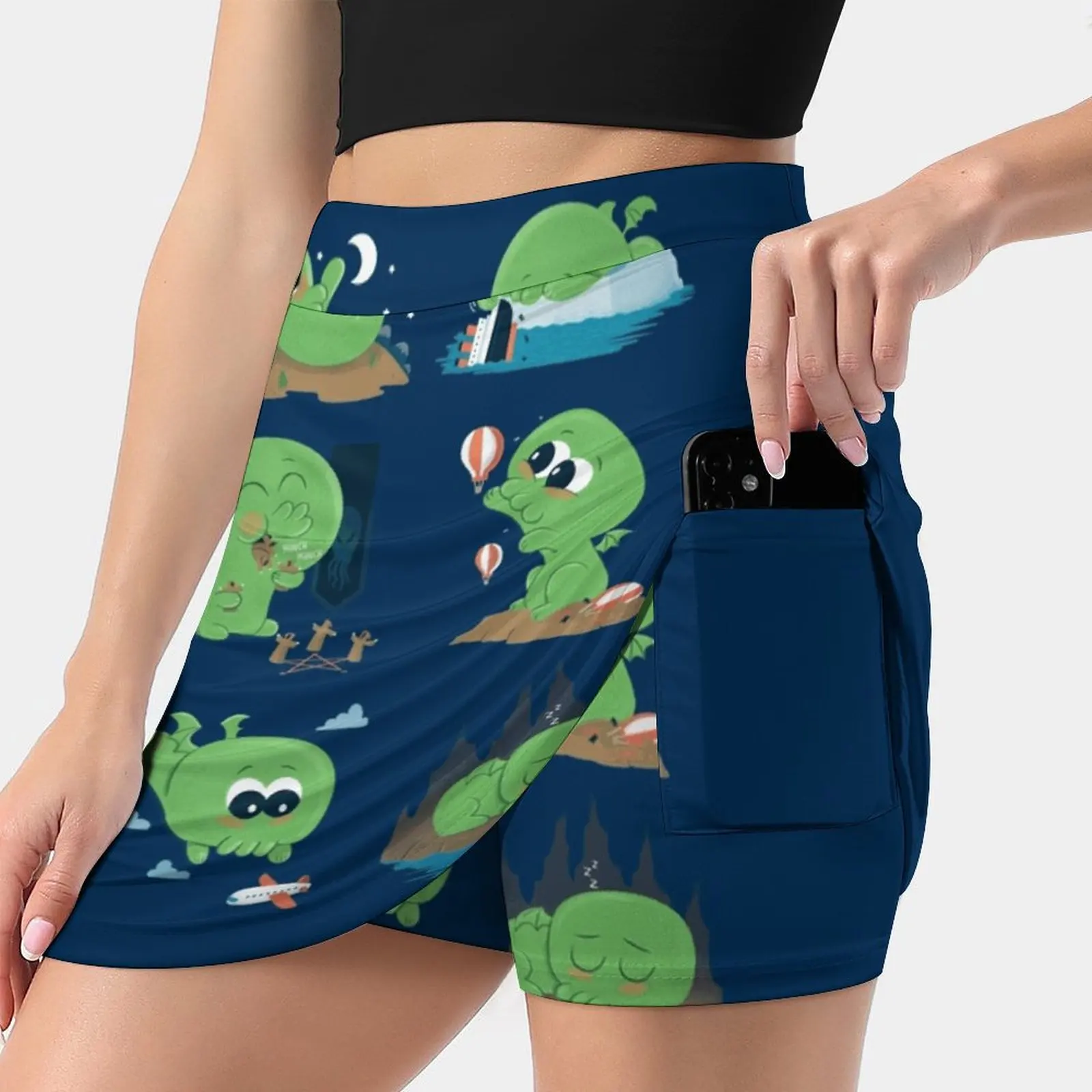 Cutethulhu New Women Skirts Double-Layer Printed Short Dress Mini Sport Skirt Hp Cthulhu Cthulhu Funny Eldritch Reading Books