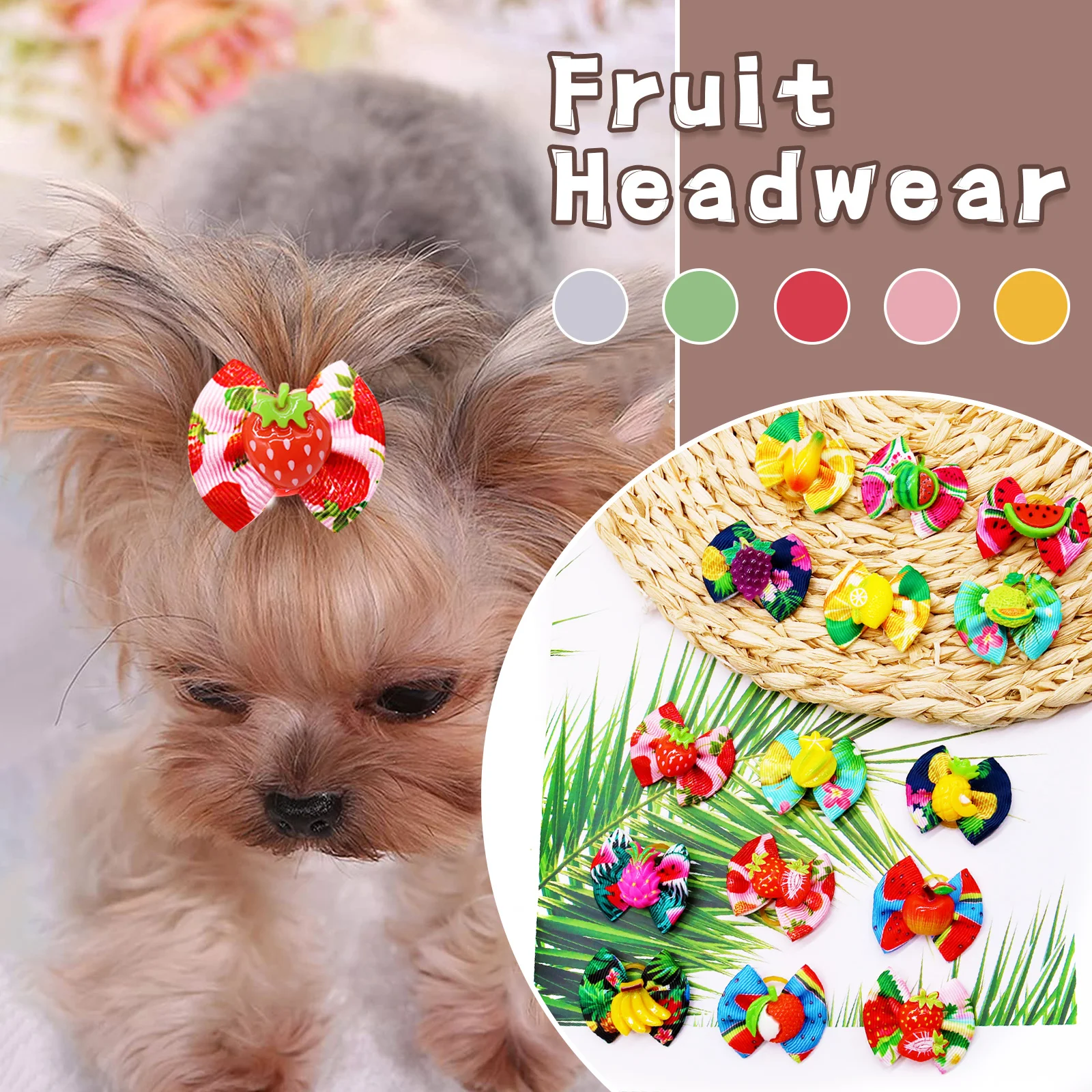 10PCS Summer Dog Bow With Rubber Band Fruit Print Adorning Cute Puppy Bow Pet Grooming Accessories For Dogs and Cat Pet Supplies