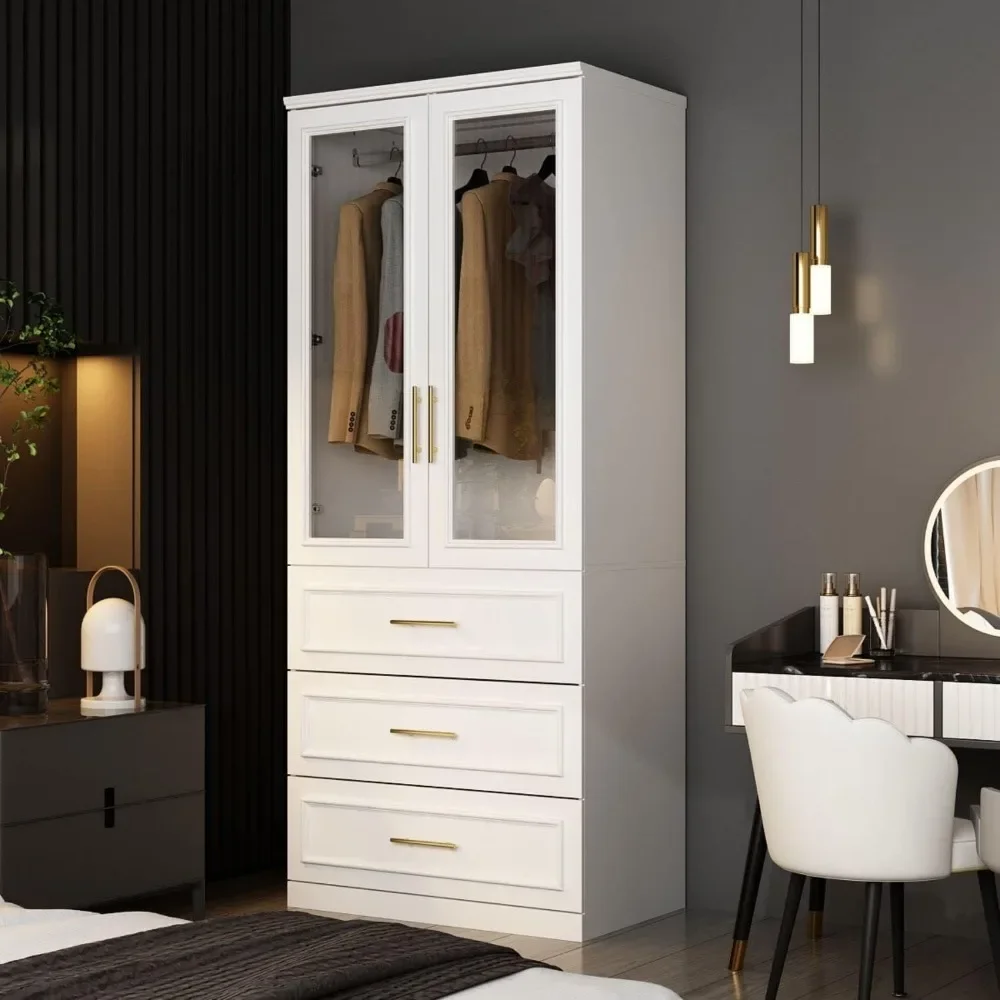 

Wardrobe Closet with 2 Glass Doors & 3 Drawers, Armoire Wardrobe Closet with Hanging Rod, Gold Metal Handles