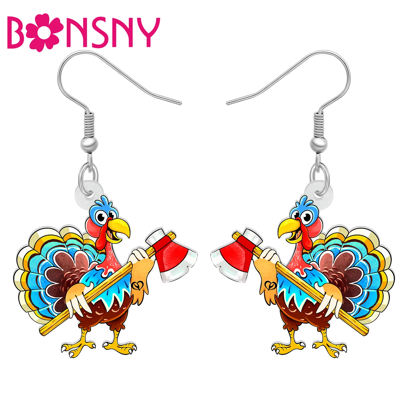 BONSNY Acrylic Thanksgiving Turkey Dangle Earrings Creative Animals Fall Thankful Jewelry Chicken Gifts For Chicken Lovers Women
