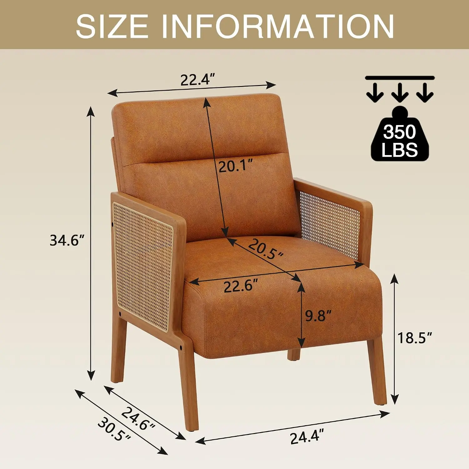 Brown Accent Chair Set of 2 Upholstered Faux Leather & Rattan Arm Chair for Living Room Bedroom Club, Customized