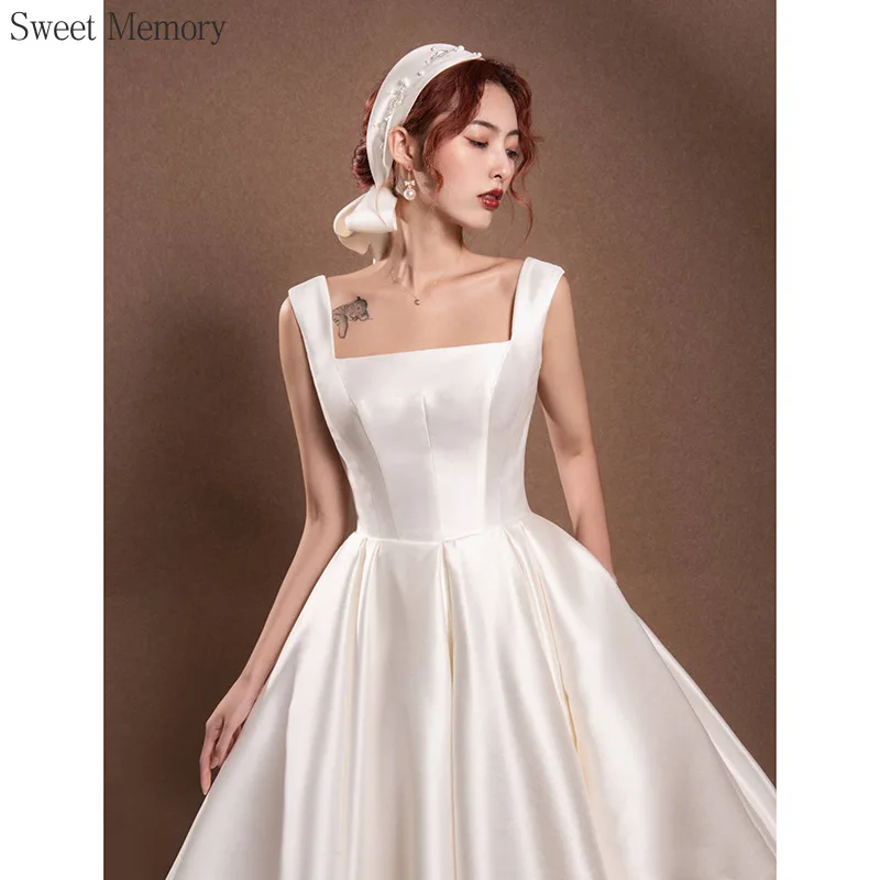 Vestidos de novia de satén sin mangas para mujer, vestidos de novia con lazo, Espalda descubierta, Princesa, fiesta nupcial, baile, A139