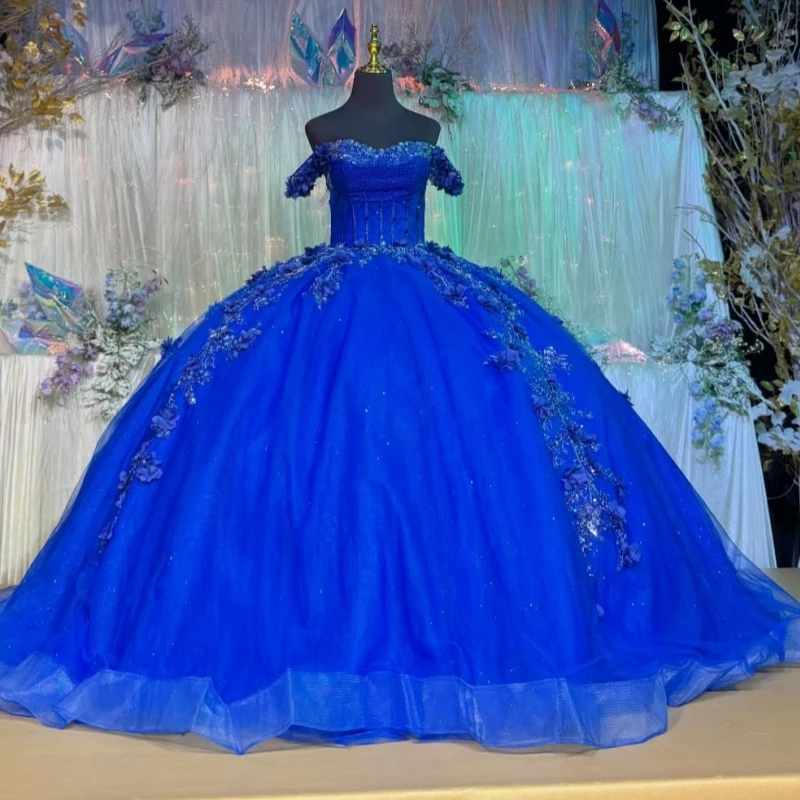 

Navy Blue Princess Sweet 16 Dress Quinceanera Dresses Off The Shoulder Applique Flower Beading Crystal Bow Tull Party Birthday