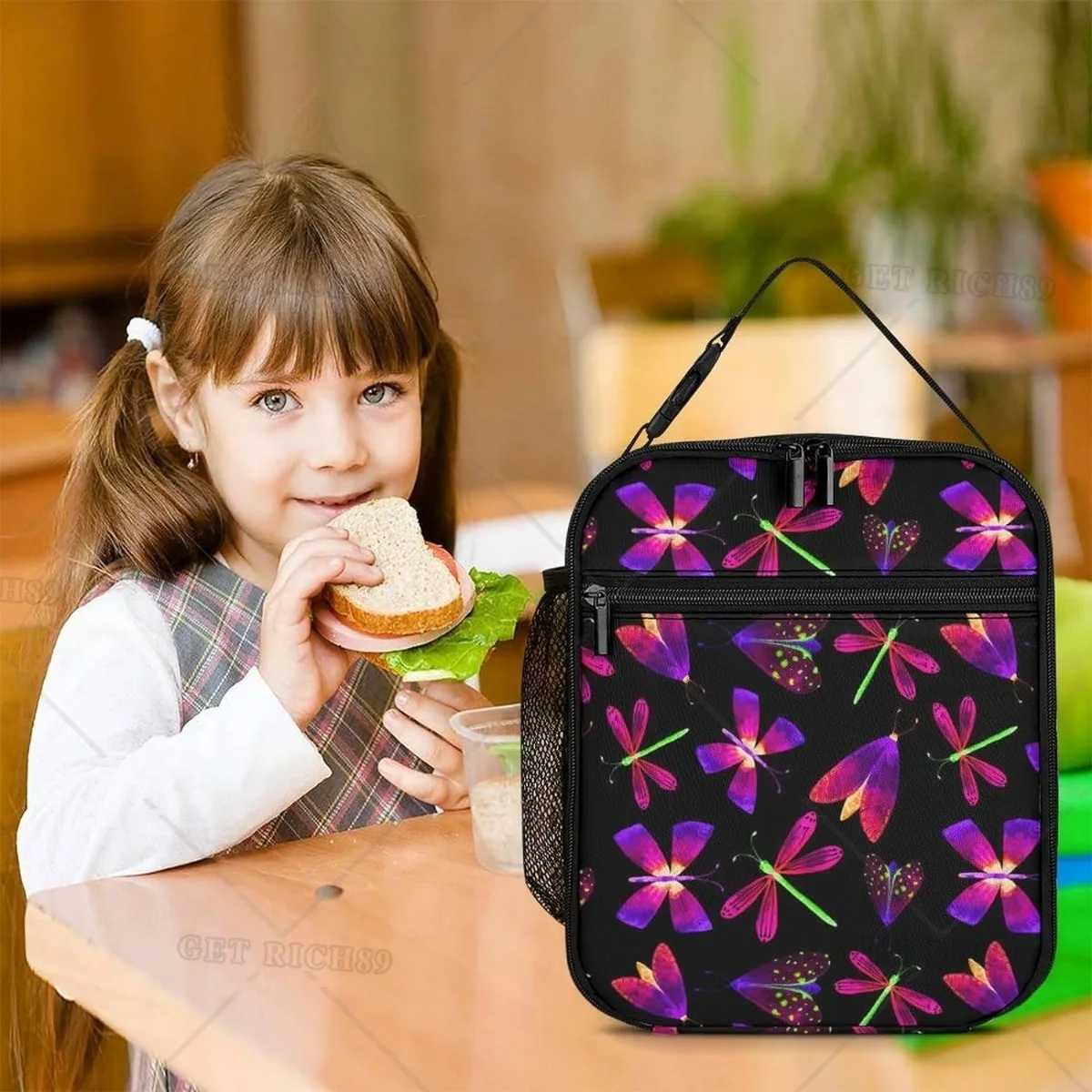 Borsa da pranzo nera con libellula a farfalla al Neon, scatola da pranzo portatile con capacità, borsa da pranzo grande riutilizzabile per uomo donna con lato.