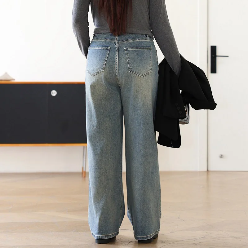 Women's Vintage Straight Stretch Jeans, High Waist, Full Length Denim Trousers, Washed, Do Old, Plus Size, Good Quality, Autumn