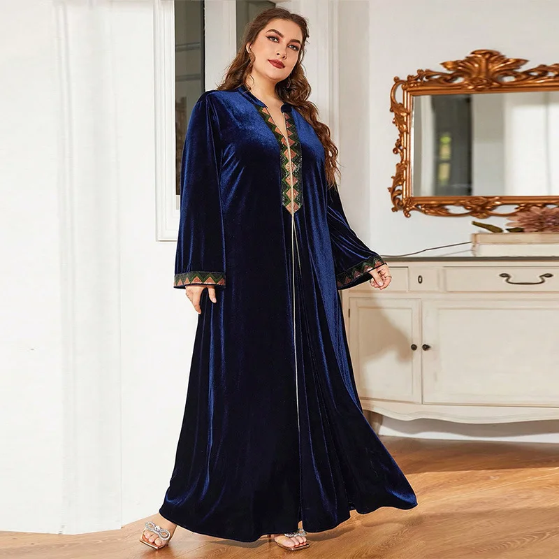 KY732 Muslim Autumn/Winter Corduroy Large Size Dress Abaya Fashion Embroidered Ethnic Robe