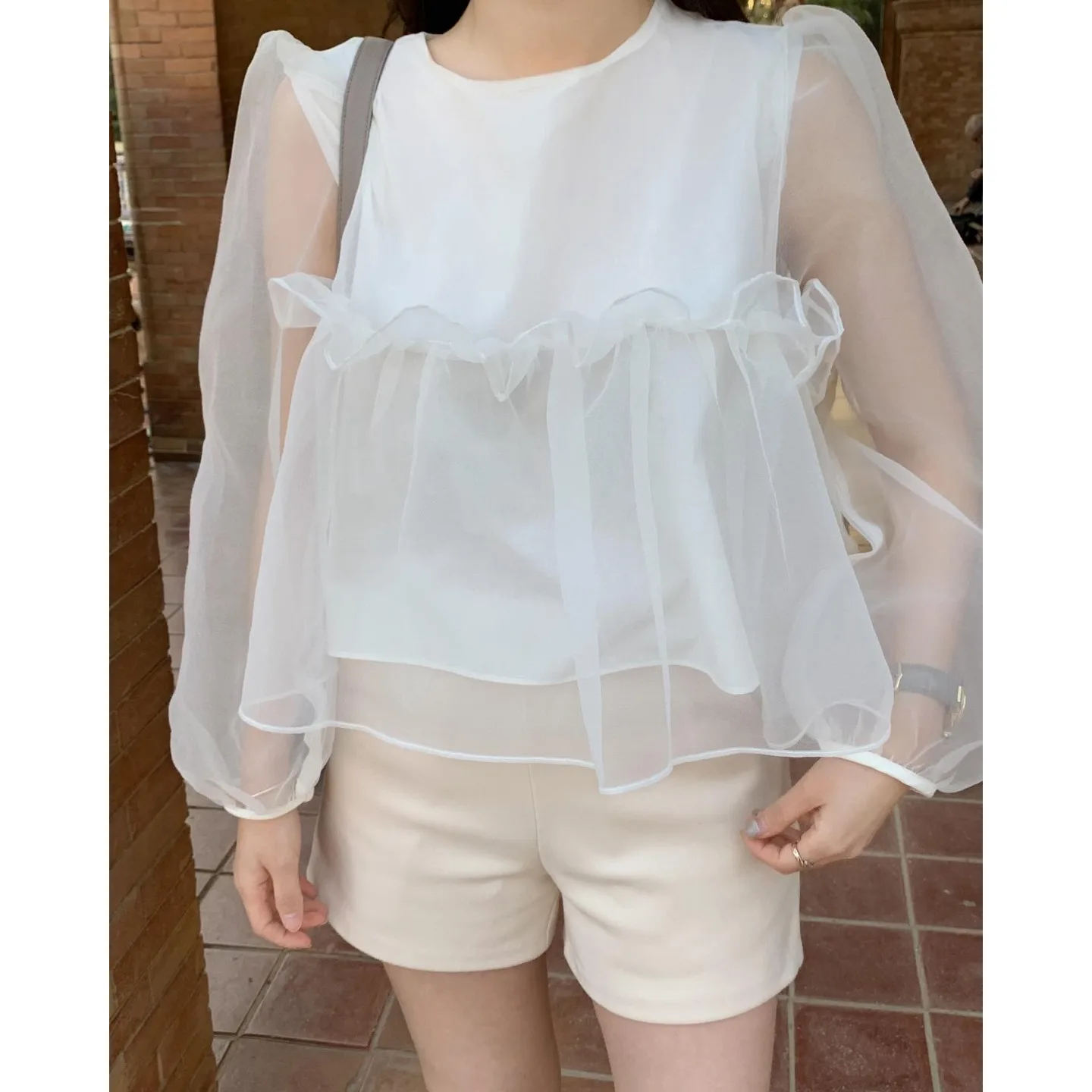 Ele round Ne Bubble irt con legno ain Ruffle Coreano Sle Donna Faionable Primavera Autunno Inverno Abbigliamento casual