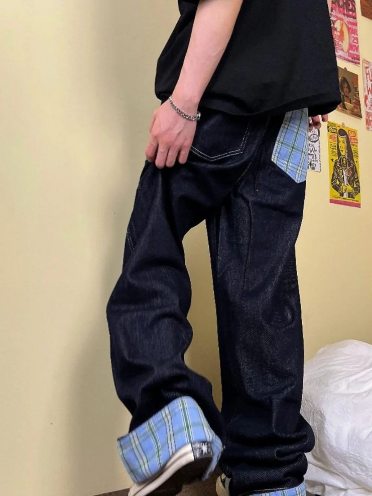 

Мужские джинсы в американском ретро-стиле с клетчатыми вставками и отворотами, осенняя коллекция 2024, новинка, модный бренд, свободные прямые широкие брюки