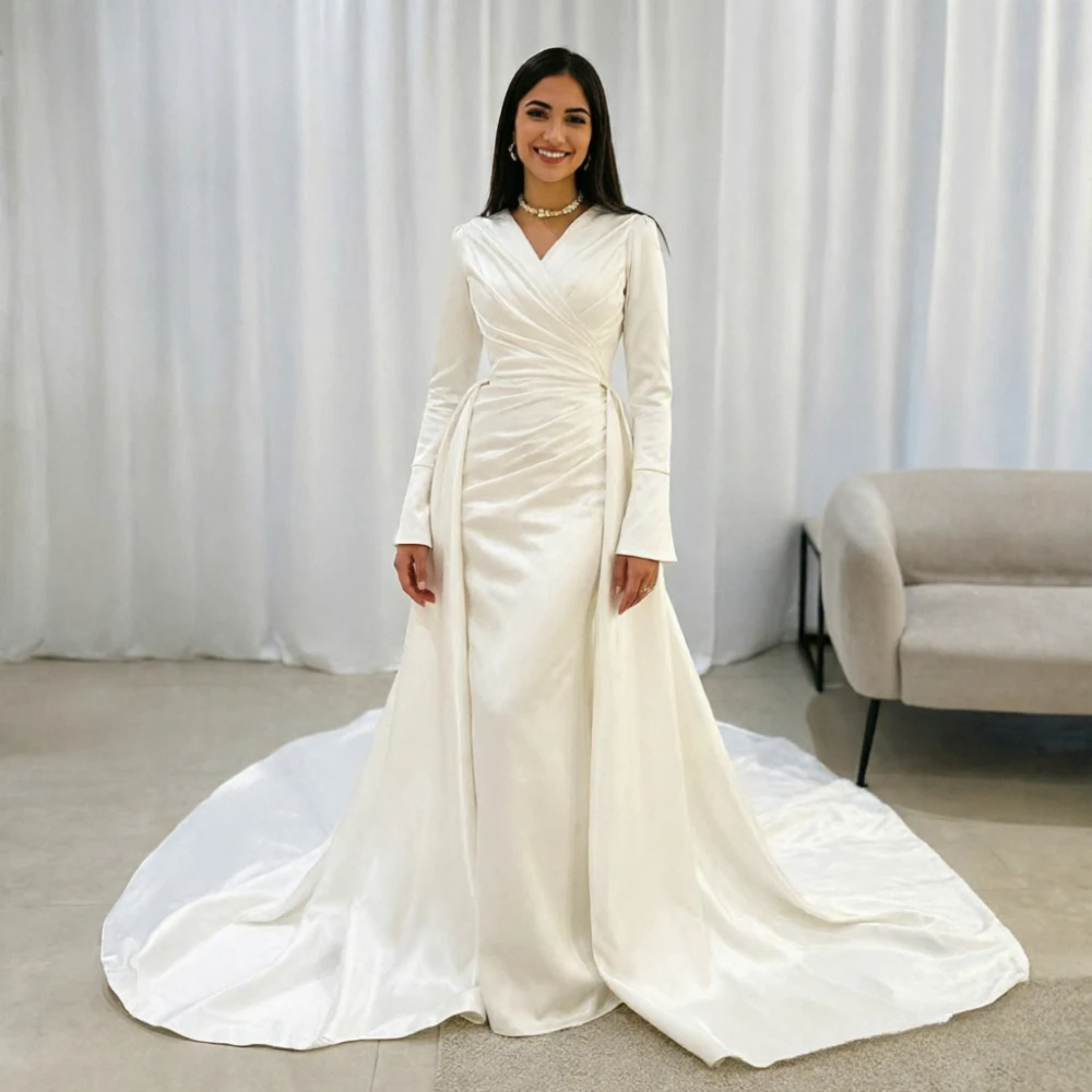 Customzied Fashion V Neck Satin Long Sleeve Floor Length Women Wedding Dress 2026  Latest Model Mermaid High Quality Bridal Gown
