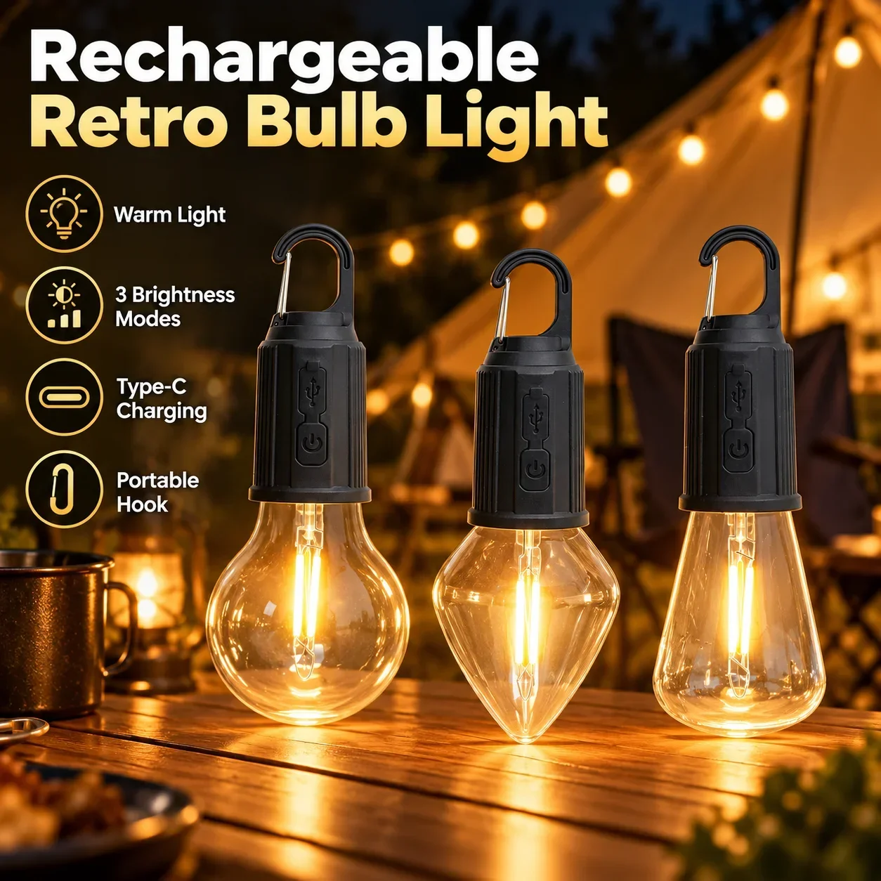 Outdoor Retro USB Rechargeable LED Bulb Light 3 Modes Warm Dimmable Hanging Hook Camping Tent Garden Emergency Lantern